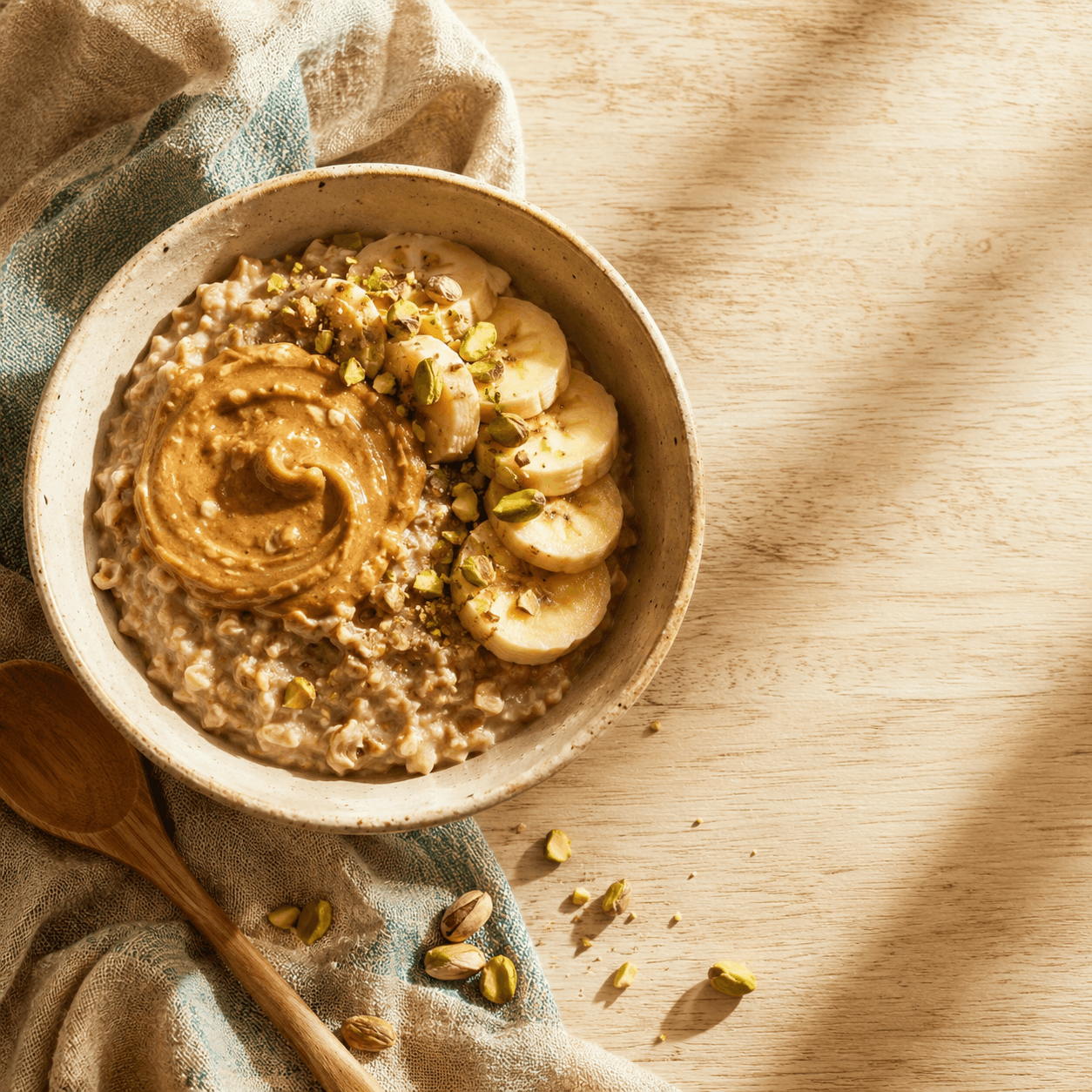 Bowl de avena con crema Delirio, plátano y pistachos